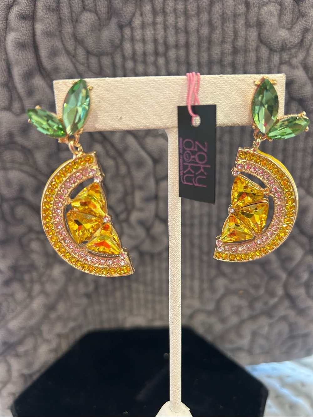 Yellow Crystal Lemon Slice  & Green Crystal Leaves Drop Earrings-NWT